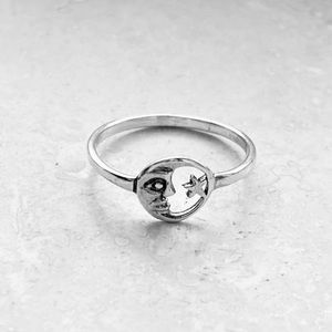Sterling Silver Small Thin Face Moon and Star Ring, Dainty Rings, Celestial Ring